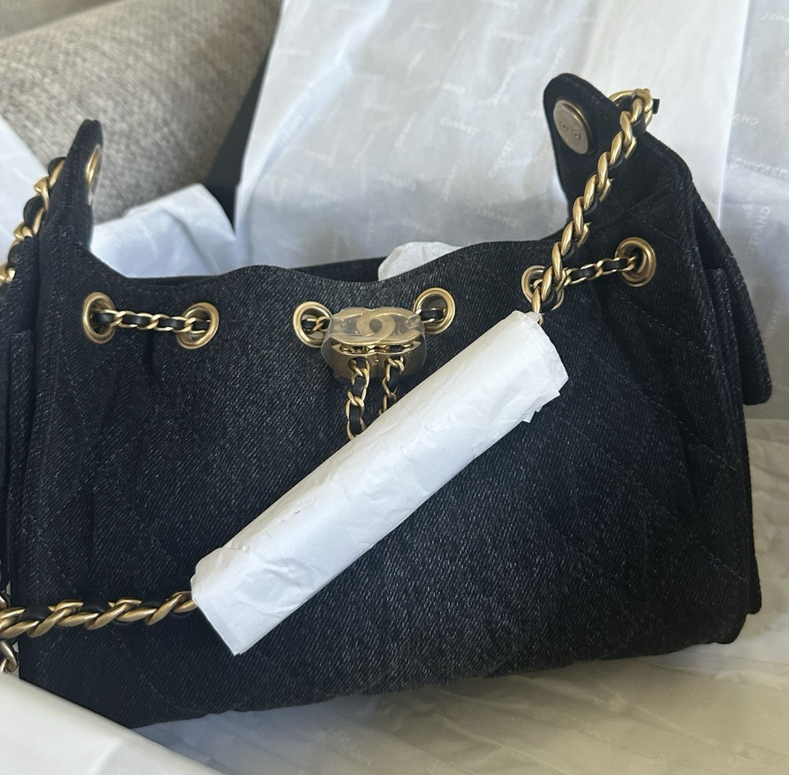 NEW w/Receipt CHANEL 25 Hobo Bag Mini 26P Black Washed Denim