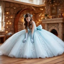 Light Sky Blue Quinceanera Dresses Spaghetti Straps Applique Ball Gown Sweet 16