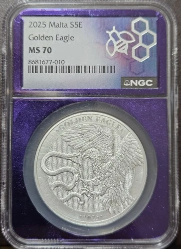 2025 Malta S5E Golden Eagle 1oz Silver NGC MS70 Purple Core Beautiful Coin