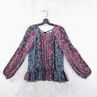 Cinq a Sept Blouse Women S Silk Semi Sheer Floral Tie Back Peplum Lined Boho