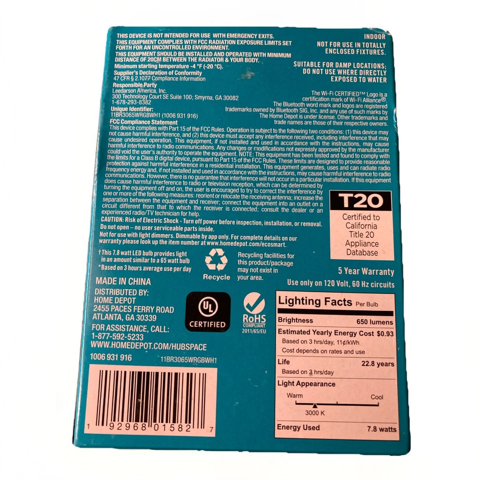 💡3 X EcoSmart Color Changing Smart Light Bulbs w Voice Control LED BR30 65W B20 - Image 2 of 4