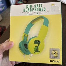   Vibe Kids Headphones yellow  Green Dinosaur volume limiting technology