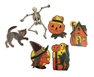 Lot 6 Vintage Beistle Die Cuts Halloween Decorations Joint Witch Cat Skeleton 