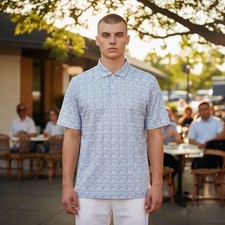 johnnie-O Mens MEDIUM Lynny Printed Jersey Performance Polo Shirt Lake