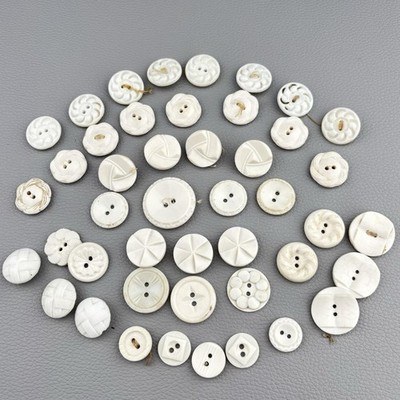 Antique White Carved Buttons Lot   Casein & Milk Glass Mix ~40pcs 1920s 40s