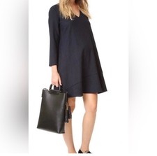 Hatch Day to Night 3/4 Sleeve Mini Gray Pinstripe Navy Blue Shift Dress 0 XS