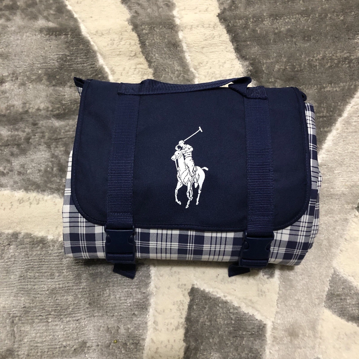 Polo Ralph Lauren Blue Plaid Travel Outdoor Picnic Blanket 47x59 Water Resistant