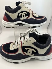 CHANEL LOGO CC Sneakers Velvet Leather Shoes Trainers Blue/Red/Ivory 36