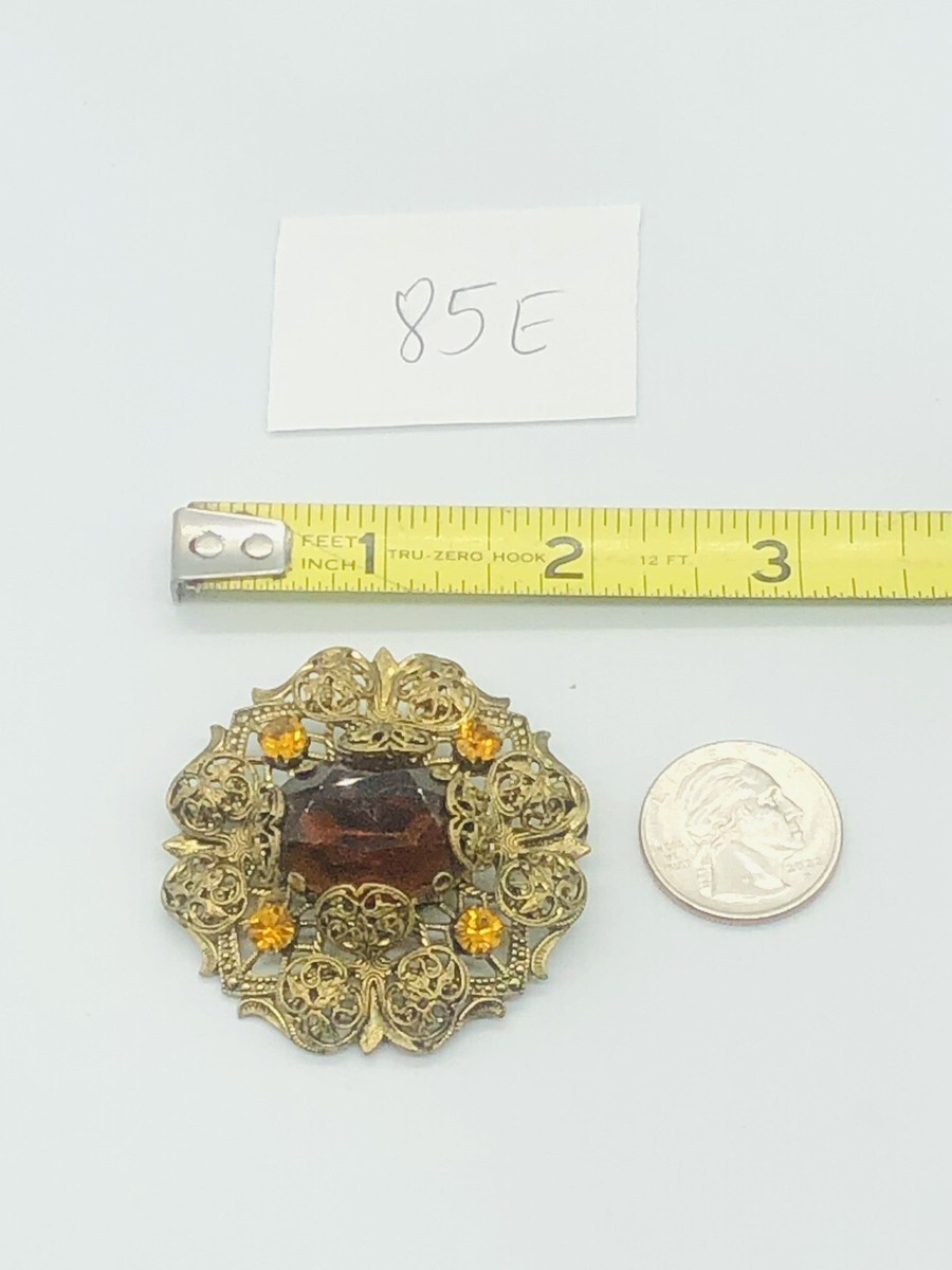 Vtg Unmarked Germany? Yellow Amber Glass Rhinestones Flower