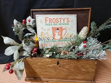 VINTAGE VICTORIAN PRIMITIVE STYLE CHRISTMAS WINTER FROSTY SNOWMAN COCOA SIGN 