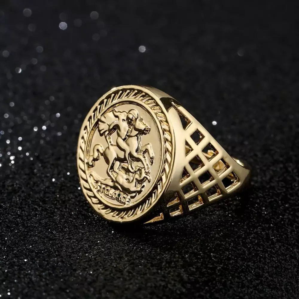 Gold 18K GF 22mm St George Ring Sovereign Chunky Adjustable Signet Men Filled