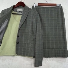Tahari Skirt Suit Blazer Set Women 4 Tank Top 3 Piece Pleat Hem Plaid Green Gray