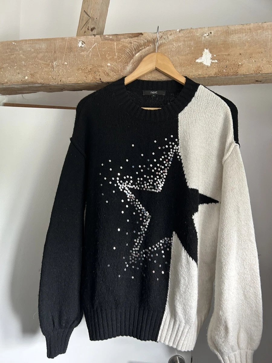 NEXT Size Medium BLACK WHITE OVERSIZED Sequin KNITTED STAR JUMPER