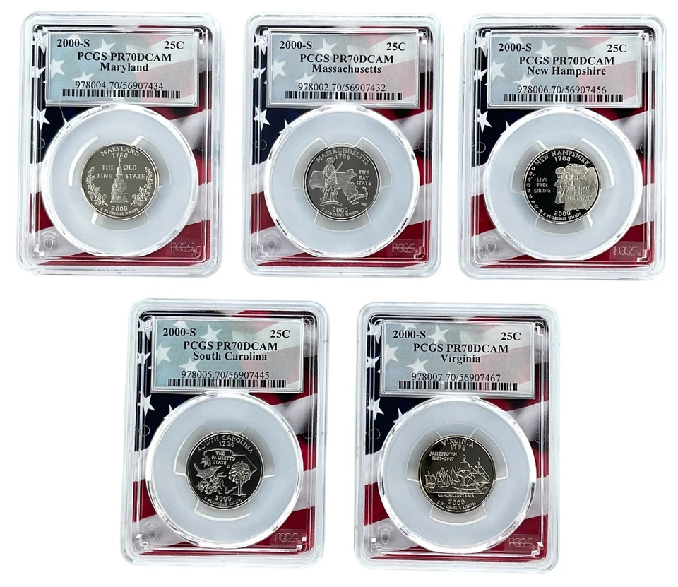 2000 S Clad Quarter 5 Coin Set PCGS PR70 Ultra Cameo - Flag Frame w/Case - Image 2 of 3