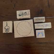 Lot Of 6 WOOD MOUNT RUBBER STAMPS Assorted Themes Birthday, Etc
