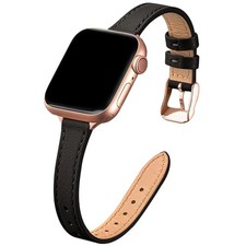 Slim Leather Strap Compatible with Apple Watch Series 10 40mm Thin Wristband Bla