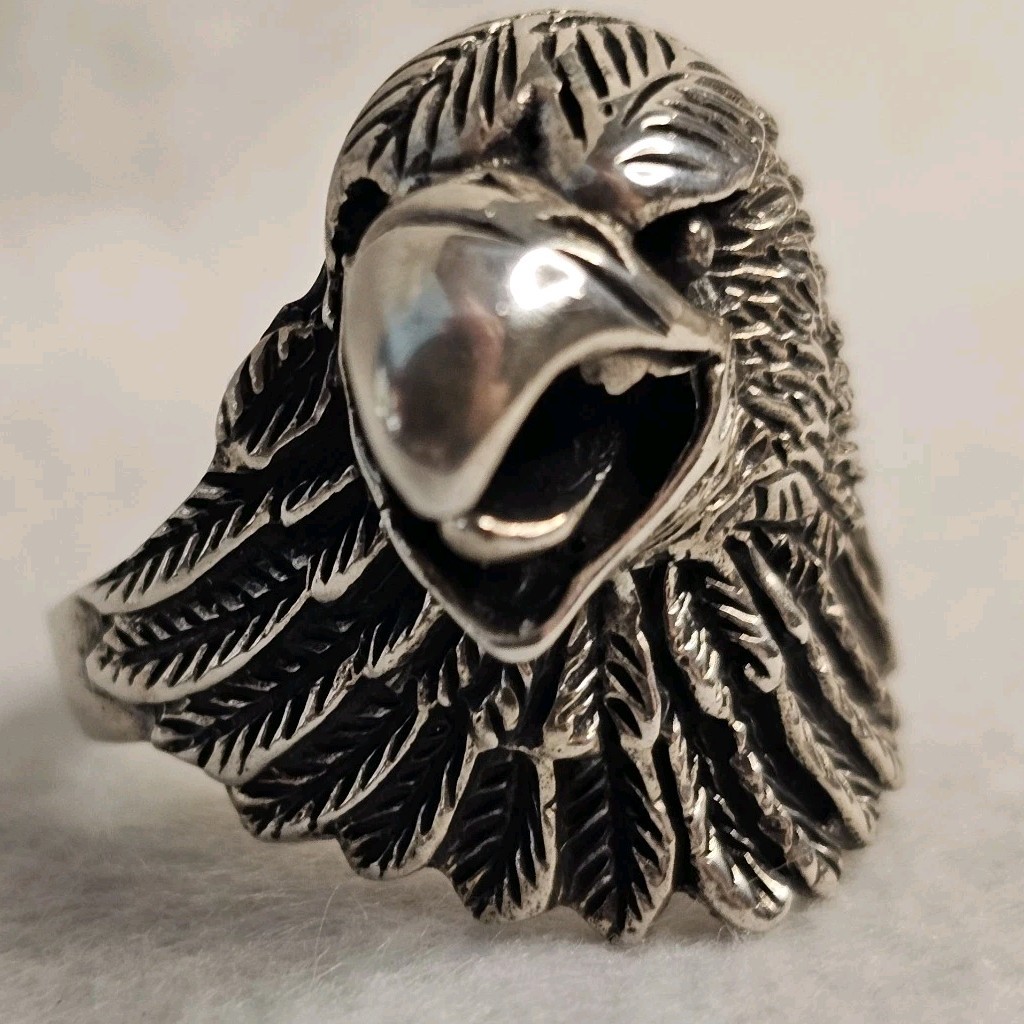 Men’s Solid Sterling Silver 3D Eagle Head Ring Si… - image 1