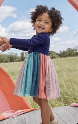 Hanna Andersson Navy Long-Sleeve Rainbow Tulle Skirt Dress Girl 6-12 Months EUC