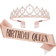 Birthday Crown and Sash for Women - Rose Gold Rhinestone Tiara Set and Sash for