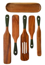 6Pcs Spurtle with Spoon Rest, Wood Spatula Olive Green, Wooden Utensils for C...