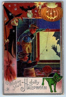 c1910s Halloween Children Prank With Spider On String Witch JOL Owl Cat Postcard