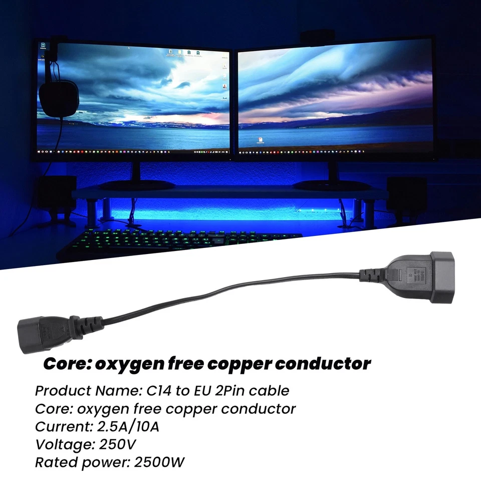 Adapter Cord , IEC 320 C14 Male Plug to European CEE 7/16 2Pin Female 8315 - Image 4 of 4