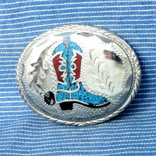 Western Cowboy Cowgirl Boot Belt Buckle Stone Shell Inlay Scroll Vtg 80s .TWY739