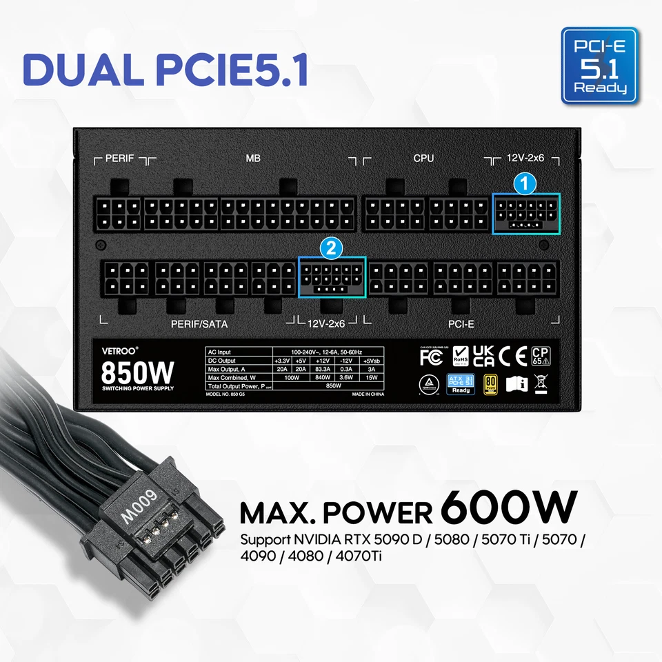 Vetroo 850W Power Supply Dual PCIe 5.1 ATX 3.1 Ready 80+ Gold Full Modular PSU - Image 2 of 4
