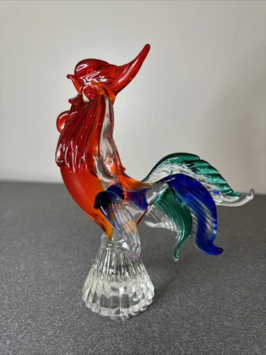 Vintage 9” Murano Style Hand Blown Art Glass Chicken Rooster Figurine Blue Red