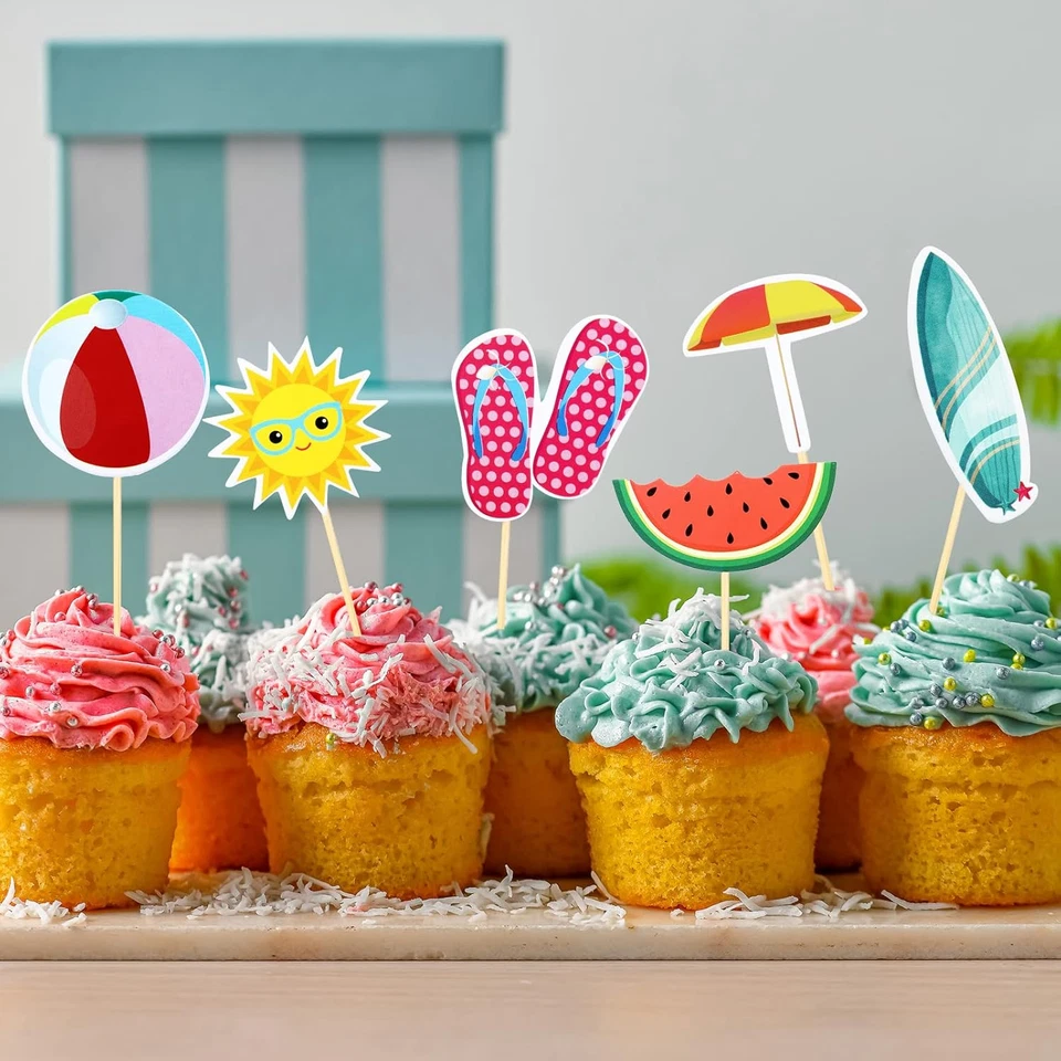 100 piezas adornos para cupcakes de playa de verano piscina fiesta temática hawaiana selecciones de pasteles con B Foto 4 de 4