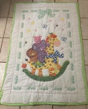 Finished Cross Stitch Baby Quilt Blanket Comforter Green Minky Animals 58"x38"