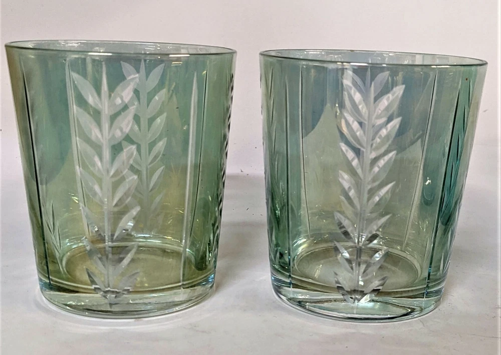 Tumbler Glasses Etched Wheat Motif Light Green Iridescent Old Fashioned Lot of 2