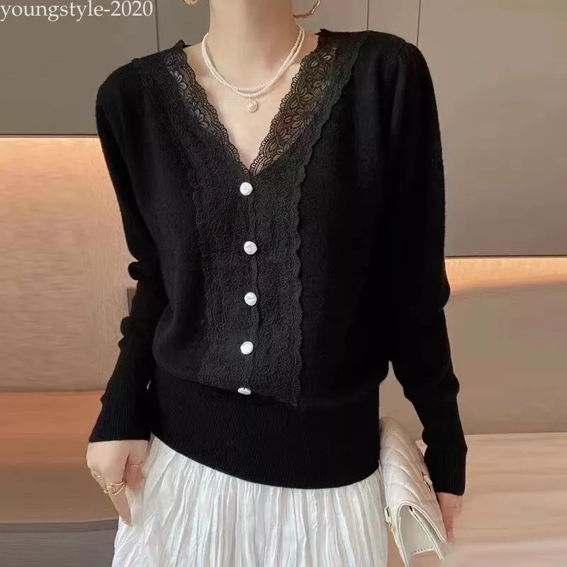 Korean Womens Lace Crochet V-neck Autumn Knit Tops Casual Shirt