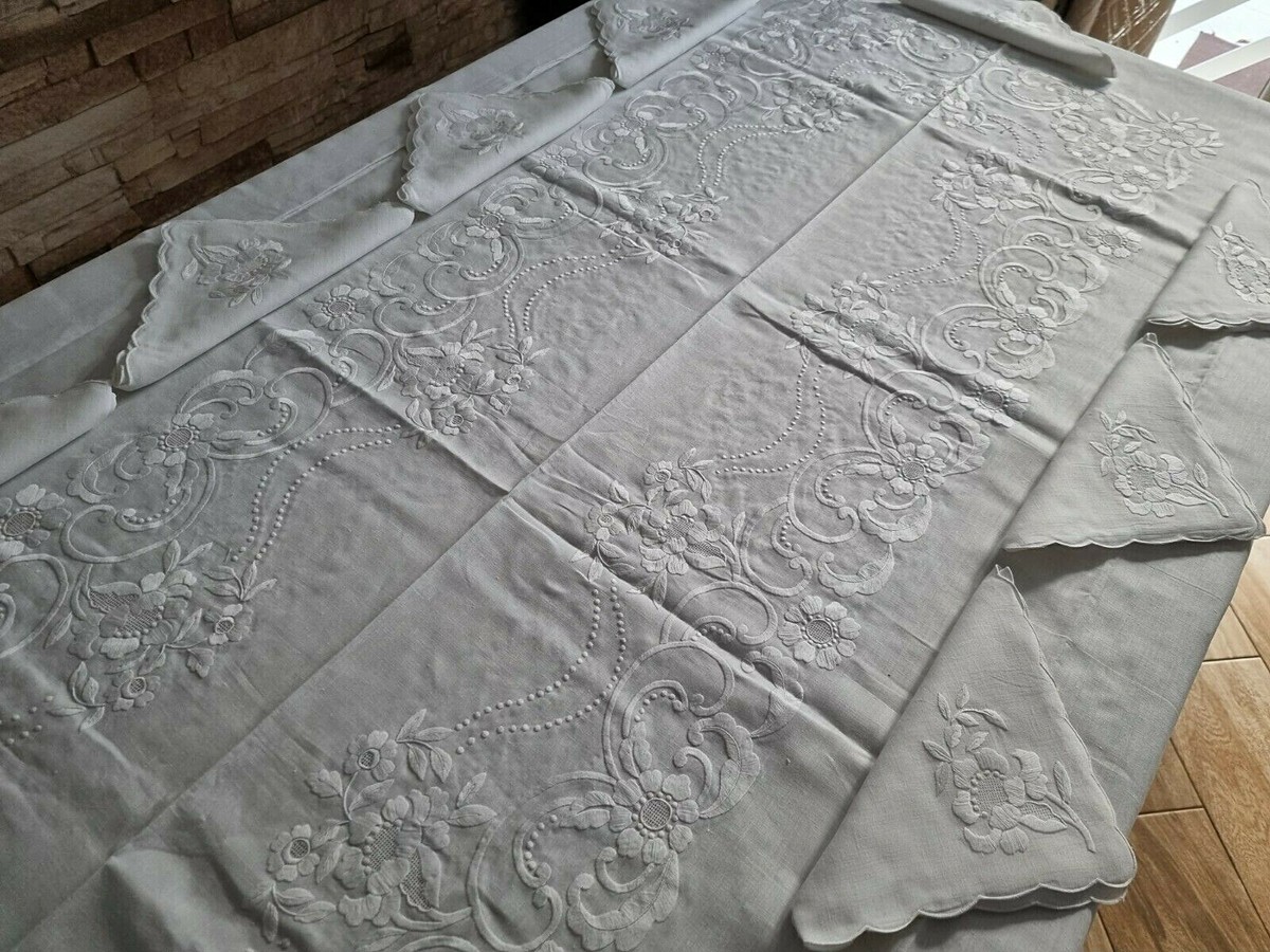 Tovaglia In Lino Puro Ricamata A Mano - 12 Posti, 170x285 Cm - Bianca, Nuova