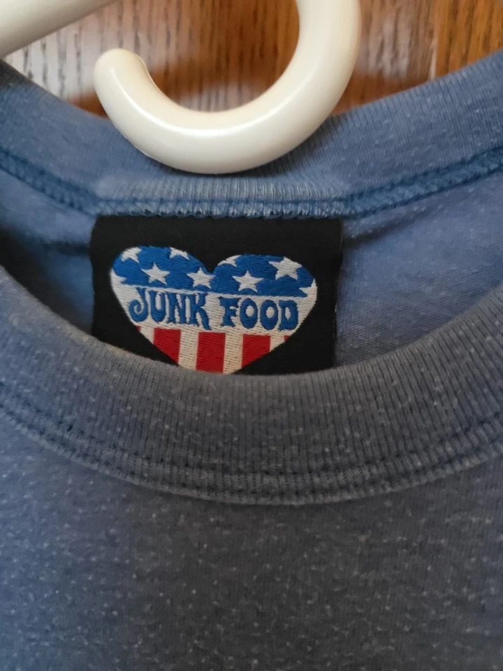 Batman Logo Junk Food T-Shirt Womens Sz XS Light Blue Distressed DC Comics - Image 2 of 3