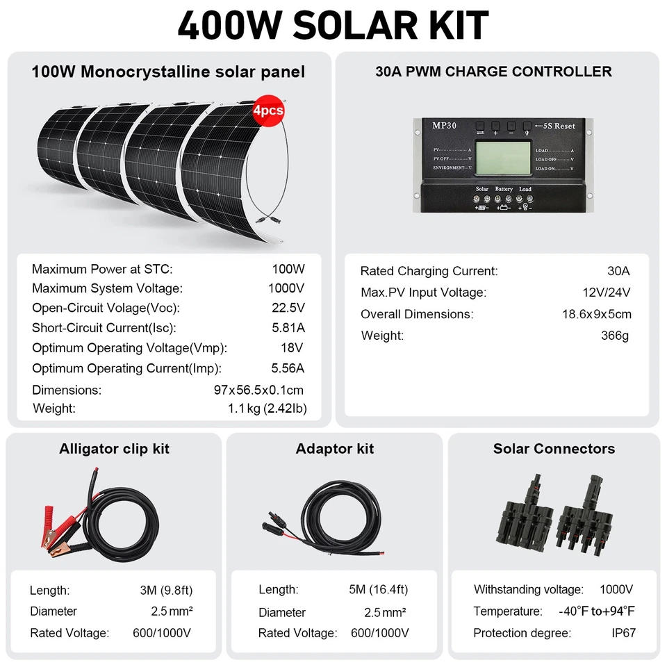 400W Flexibel Solarpanel Mono Solarmodule Kit solaranlage Wohnmobil Boot RV - Bild 2 von 4