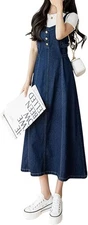 CHARTOU Women's Elegant Straps Back Smocked A-Line Long Skirt Large, Blue 