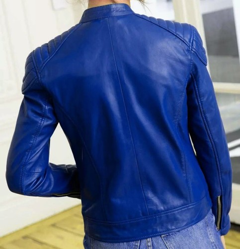 Women's NEW BLUE Leather Jacket 100% Genuine Lambskin Leather Biker Jacket - Picture 7 of 7