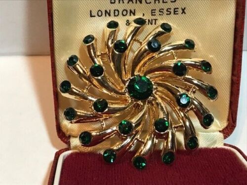 Broche vintage estilo Art Deco con flor de cristal verde tono dorado antiguo - Imagen 1 de 13
