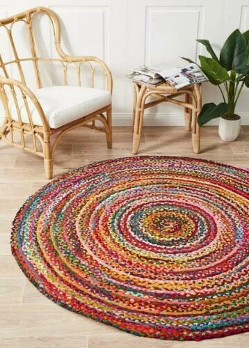 Rug Round Cotton Chindi Hand Braided Circle Area Rug Living Room Rug, Indian Rug - Image 3 of 4