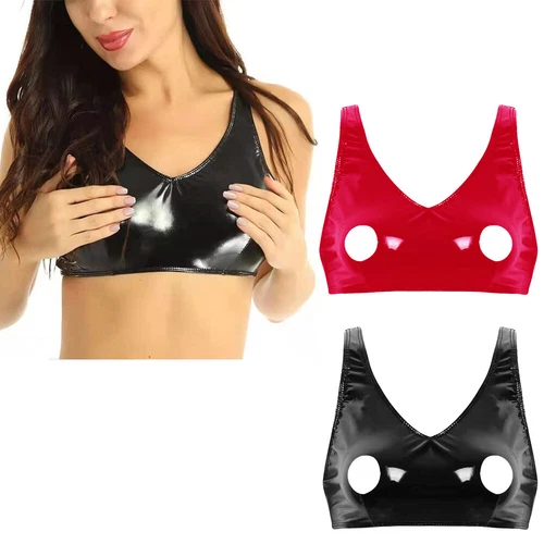 Womens Glossy PVC Leather Lingerie Open Nipple Latex Bra Crop Tops Shiny Wetlook