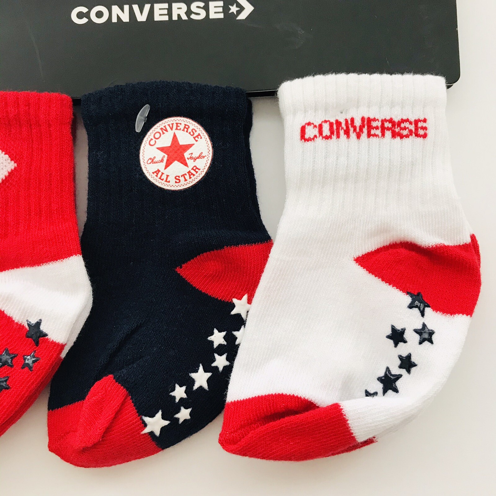 PONY Set Calze Converse Bambino Rosso Bianco Blu Colore Blocco Tacco Cotone Grippy 12 24 MO