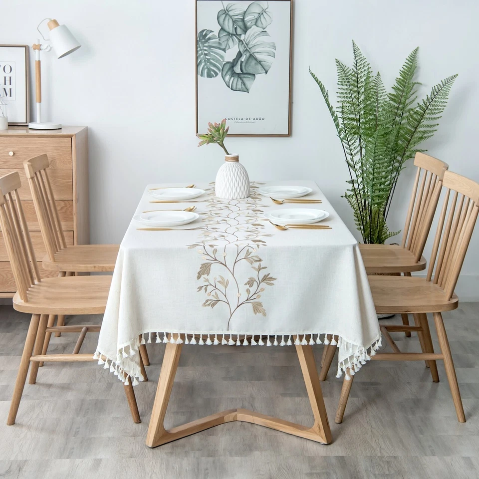 High Quality Washable Wrinkle Free Cotton Linen Tablecloth with Tassel - Image 3 of 4