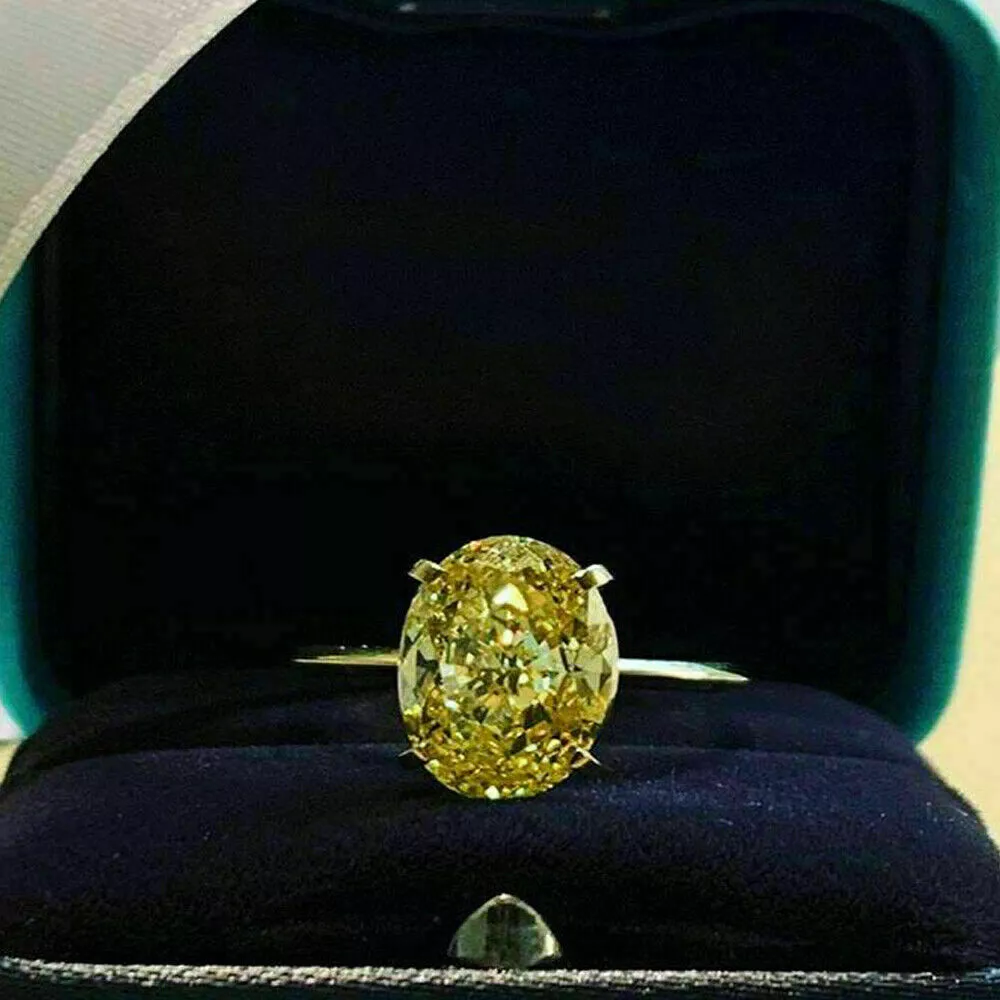 4 Carat 14K Yellow Gold Plated Oval Cut Canary Yellow Simulated Engagement Ring