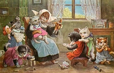 Arthur Thiele Cat, Nanny with kittens at playtime *Art Repro Postcard*