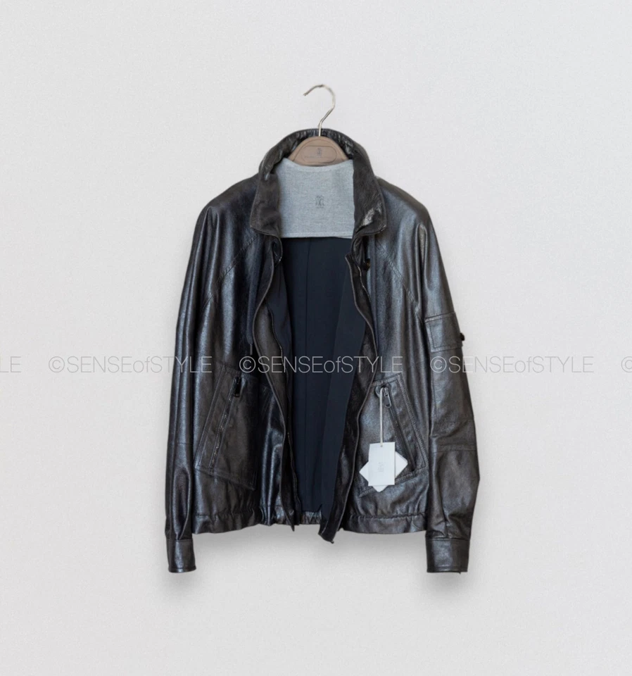 Chaqueta de Cuero Brunello Cucinelli Top Metálico Monili Trim Diseñador 42 M $8995  Foto 2 de 4