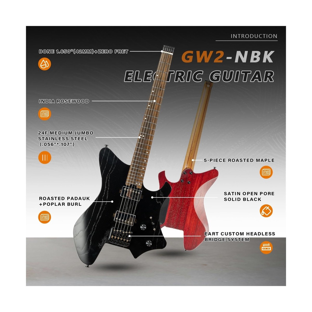 EART GW2 Headless Electric Guitar fixed Bridge for Travel EART GW2 Headless Electric Guitar fixed Bridge for Travel