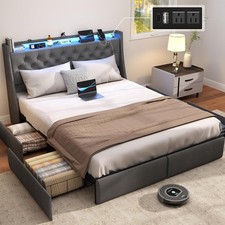 LED Full/Queen/King Bed Frame with Storage Headboard,4 Drawer,Charging Station