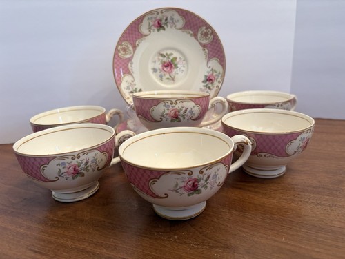 Set Of 6 Vintage Myott Staffordshire Tea Cups and Saucers: Pink RoseBud China