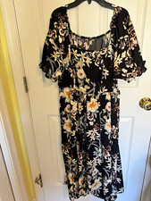 SHEIN CURVE Women 2XL Plus Black Floral Chiffon A-Line Midi Dress Square Neck